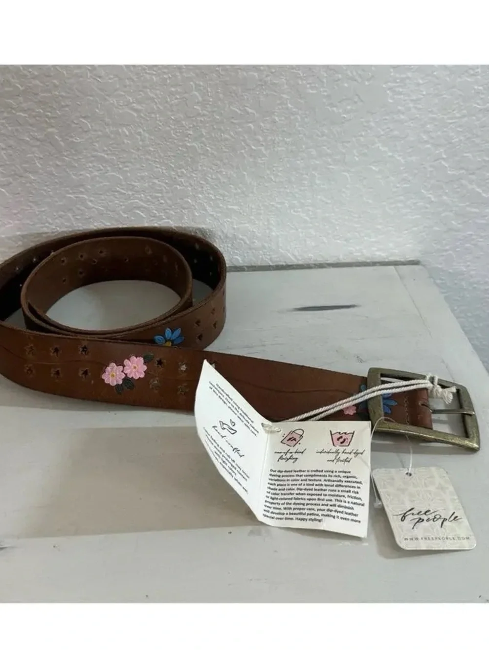 Free People Eye Candy Brown Leather Belt with Pink & Blue Floral Embroidery